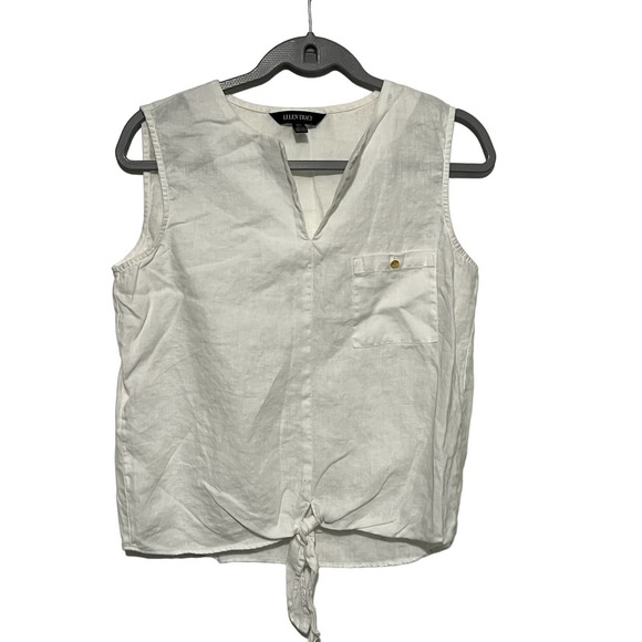 Ellen Tracy Medium Linen Split Neck Tie Waste Sleeveless Blouse - Picture 1 of 5